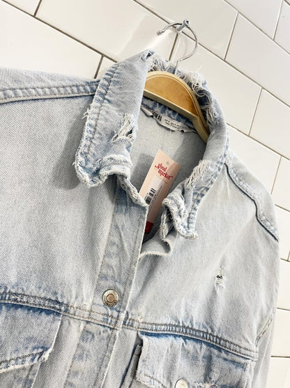zara oversized snap button distressed denim shirt jacket - good market thrift store
