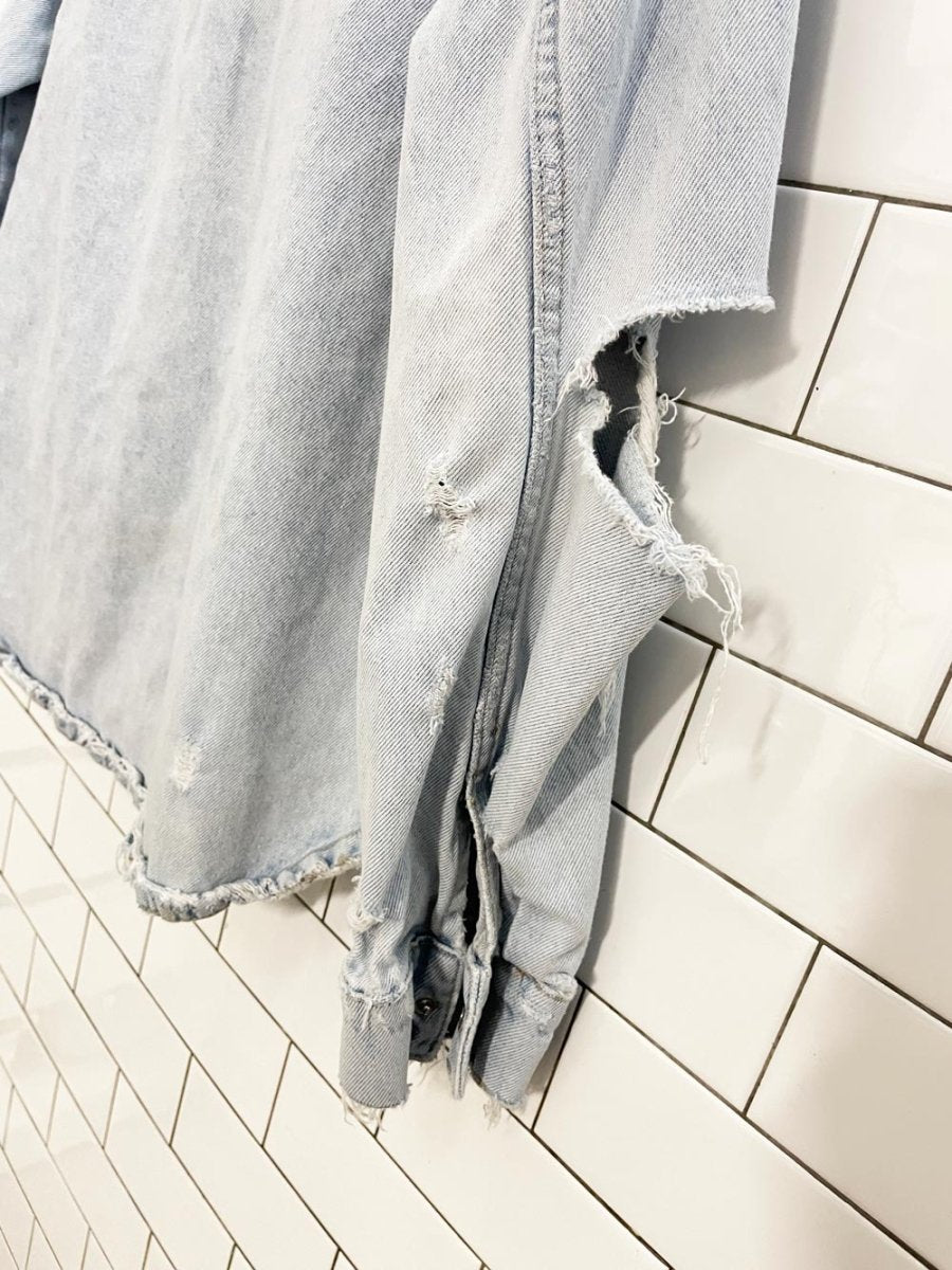 zara oversized snap button distressed denim shirt jacket - good market thrift store