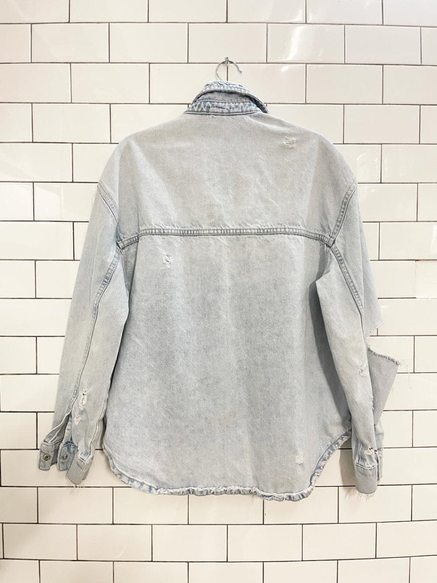 zara oversized snap button distressed denim shirt jacket - good market thrift store