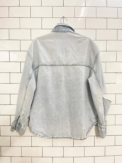 zara oversized snap button distressed denim shirt jacket - good market thrift store