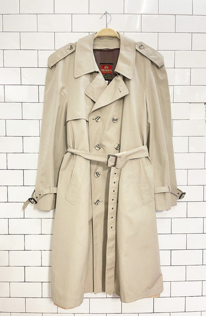 vintage 80s moores tartan - lined double breasted classic trench coat - good market thrift store
