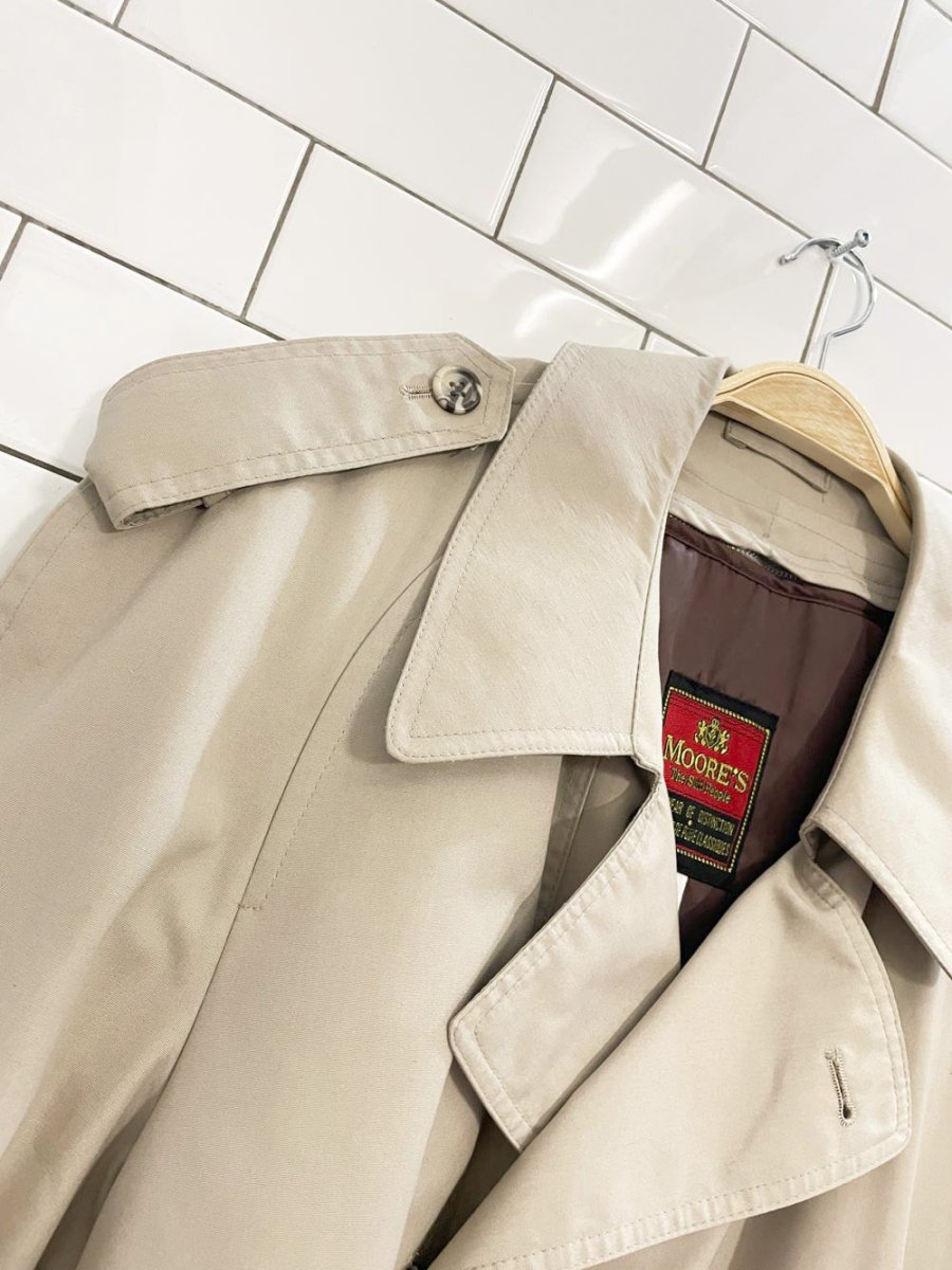vintage 80s moores tartan - lined double breasted classic trench coat - good market thrift store