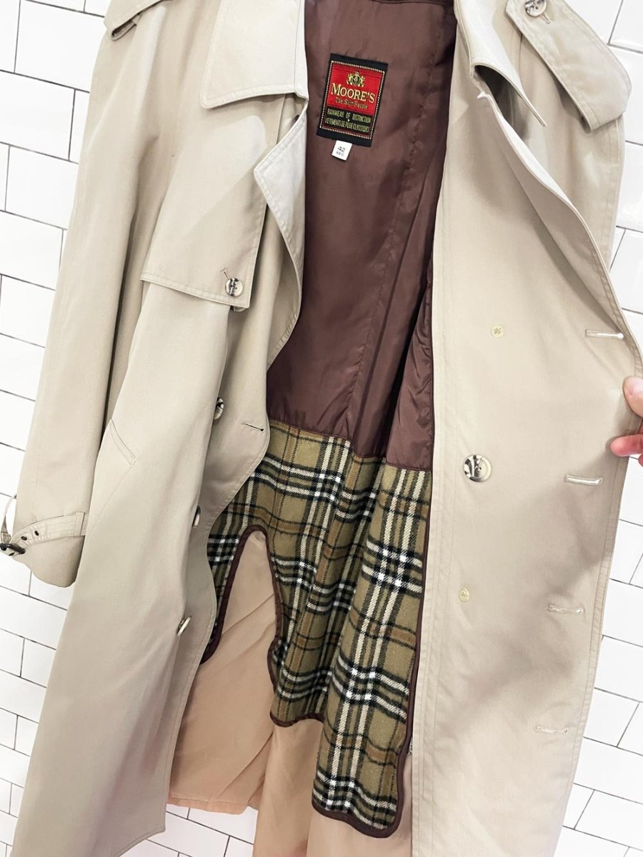 vintage 80s moores tartan - lined double breasted classic trench coat - good market thrift store