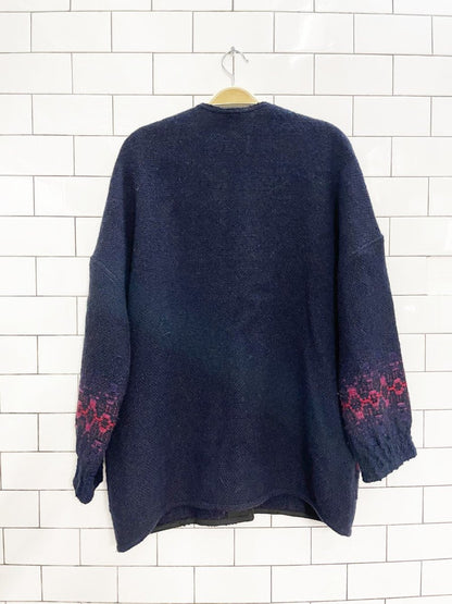 vintage handmade 100% wool knit woven sweater jacket - good market thrift store