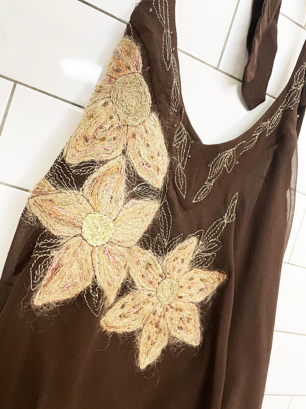 y2k depeche mode 100% silk chiffon floral embroidered halter midi dress | yves cossette