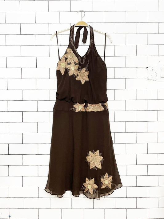y2k depeche mode 100% silk chiffon floral embroidered halter midi dress | yves cossette