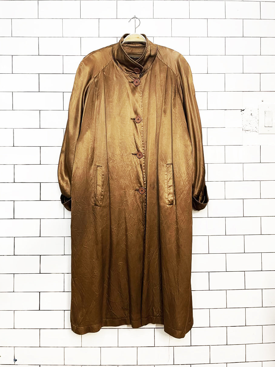vintage mystic metallic satin pleated raglan shoulder trench coat