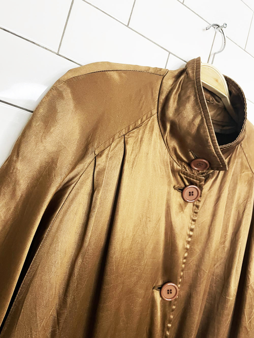 vintage mystic metallic satin pleated raglan shoulder trench coat