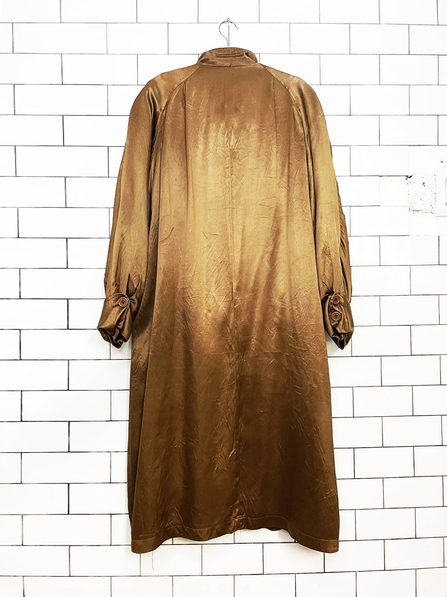 vintage mystic metallic satin pleated raglan shoulder trench coat