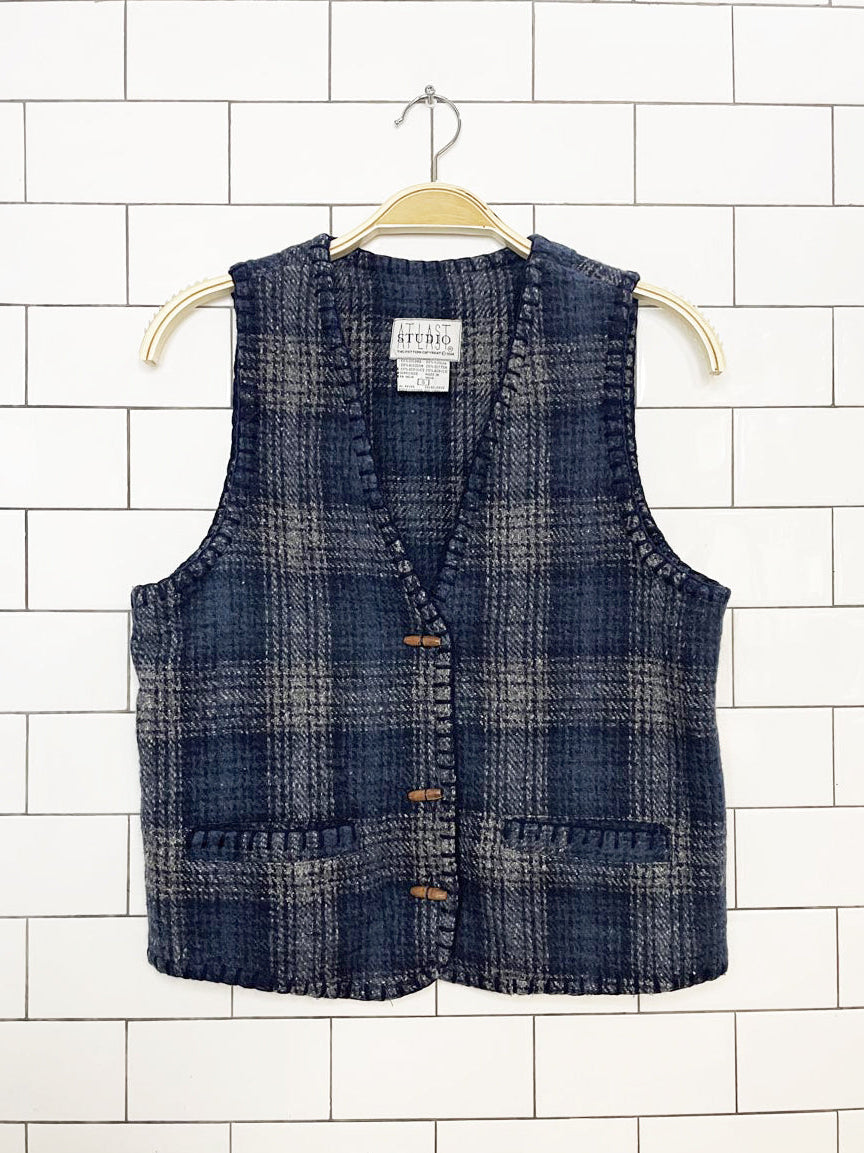 vintage at last studio wool-blend plaid vest | made in india