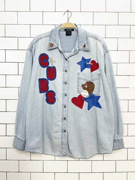 vintage rivers end handmade cubs denim baseball patch full button shirt