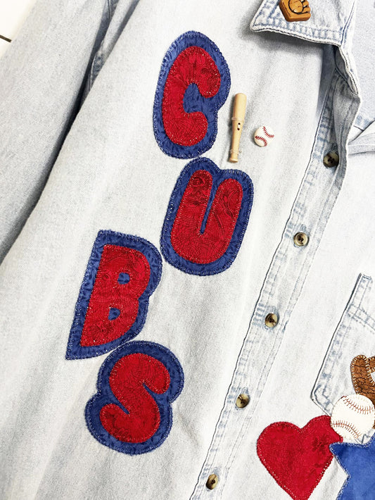 vintage rivers end handmade cubs denim baseball patch full button shirt
