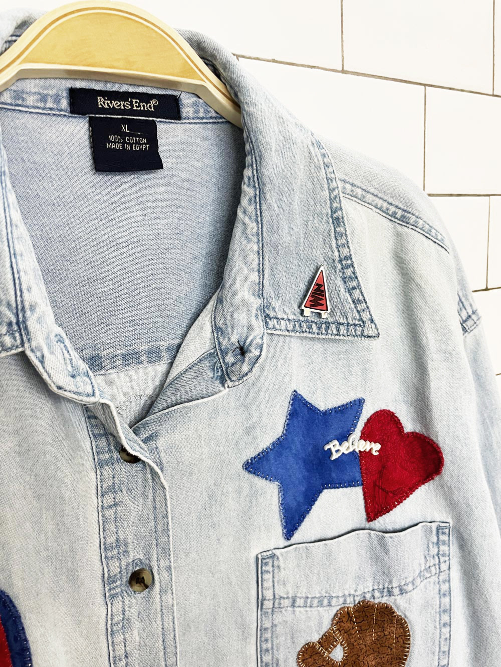 vintage rivers end handmade cubs denim baseball patch full button shirt