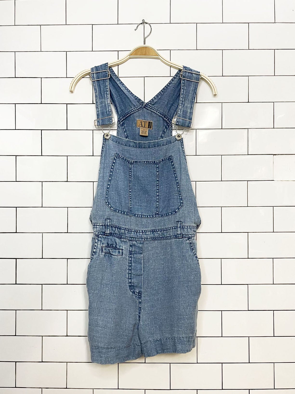 vintage 90s at denim 100% linen overall shorts