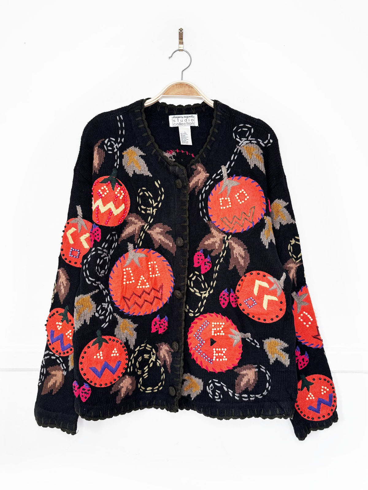 vintage 00s studio collection ramie-blend pearl pumpkins embroidered cardigan | halloween