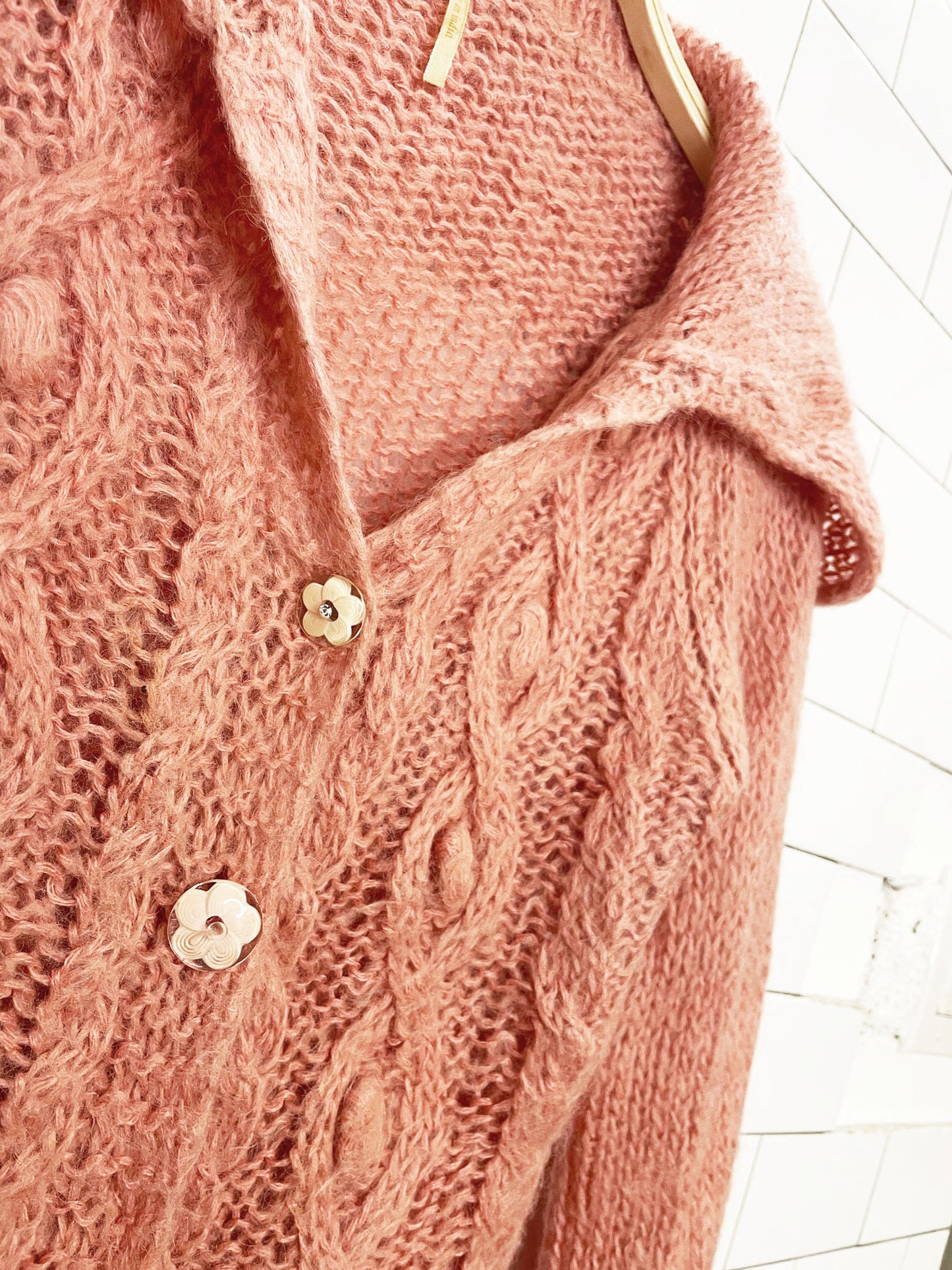 free people mohair-blend cable knit flower button cardigan