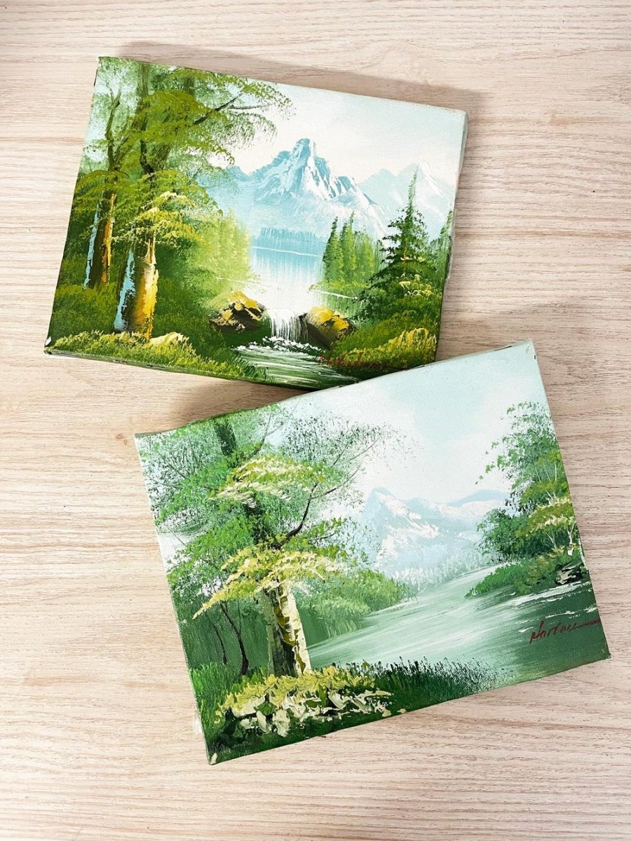 x2 vintage hardtail handmade nature scene paintings - good market thrift store