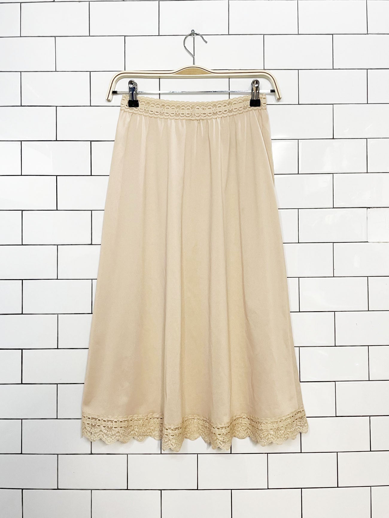 vintage olga lace trims sateen midi slip skirt | made in usa