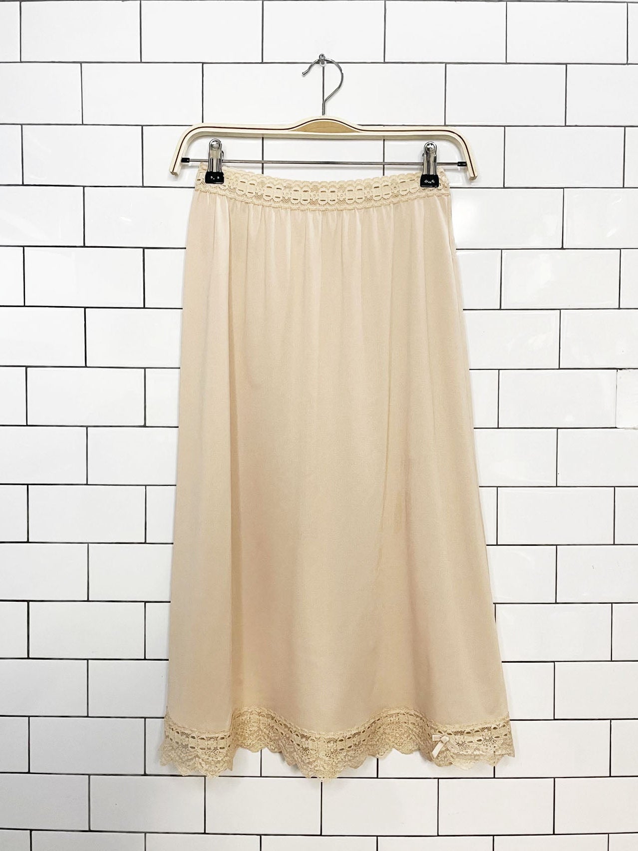 vintage olga lace trims sateen midi slip skirt | made in usa