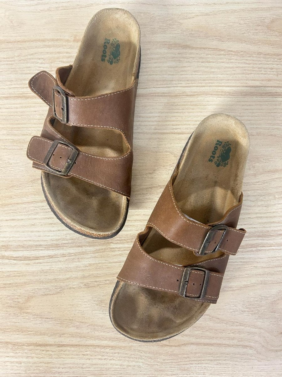 roots leather arizona two - strap sandals - good market thrift store