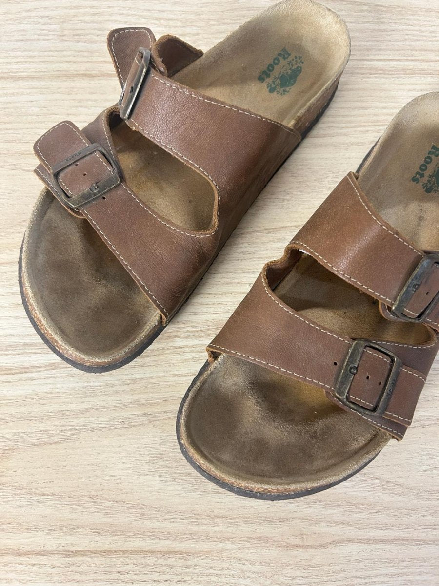 roots leather arizona two - strap sandals - good market thrift store