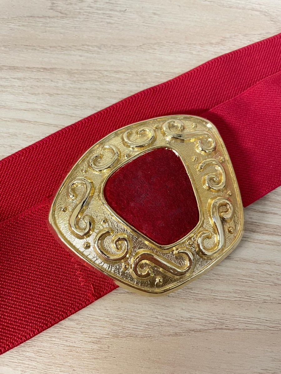 vintage 80s leather shop big buckle stretch dress belt - good market thrift store