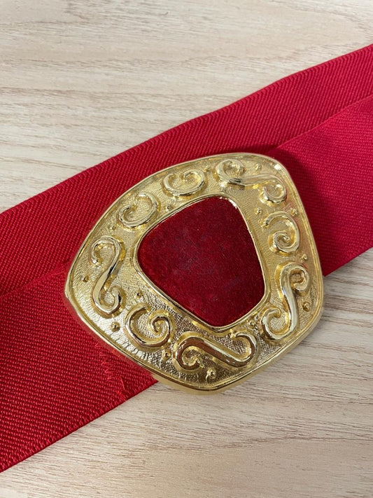 vintage 80s leather shop big buckle stretch dress belt - good market thrift store