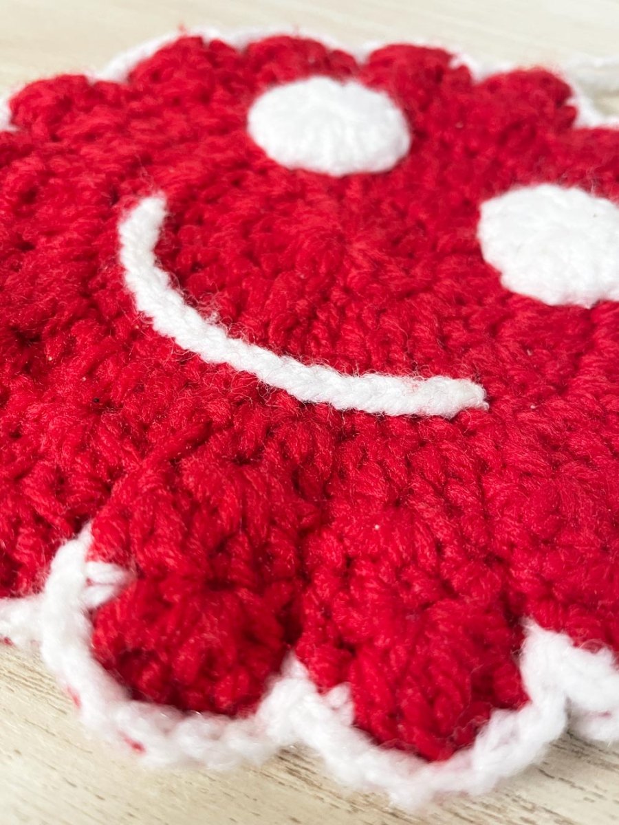 vintage handmade knit smiley face trivet - good market thrift store
