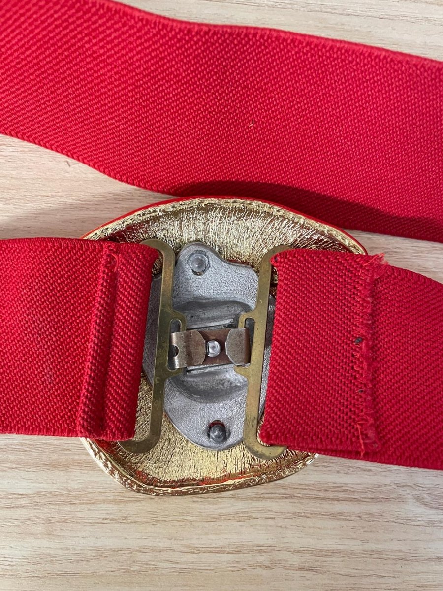 vintage 80s leather shop big buckle stretch dress belt - good market thrift store