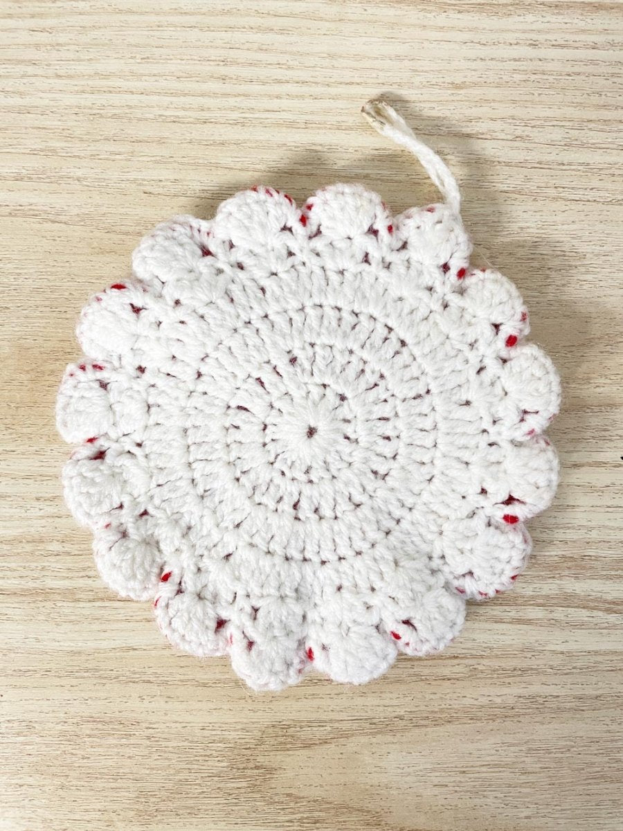 vintage handmade knit smiley face trivet - good market thrift store