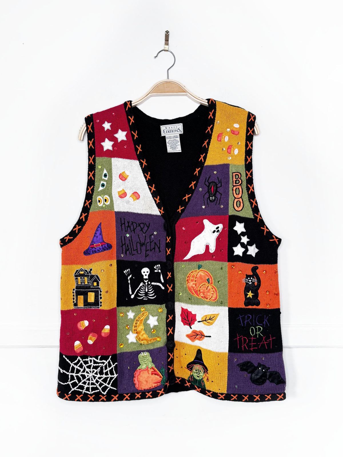 vintage 00s basic editions ramie-blend halloween patchwork knit vest