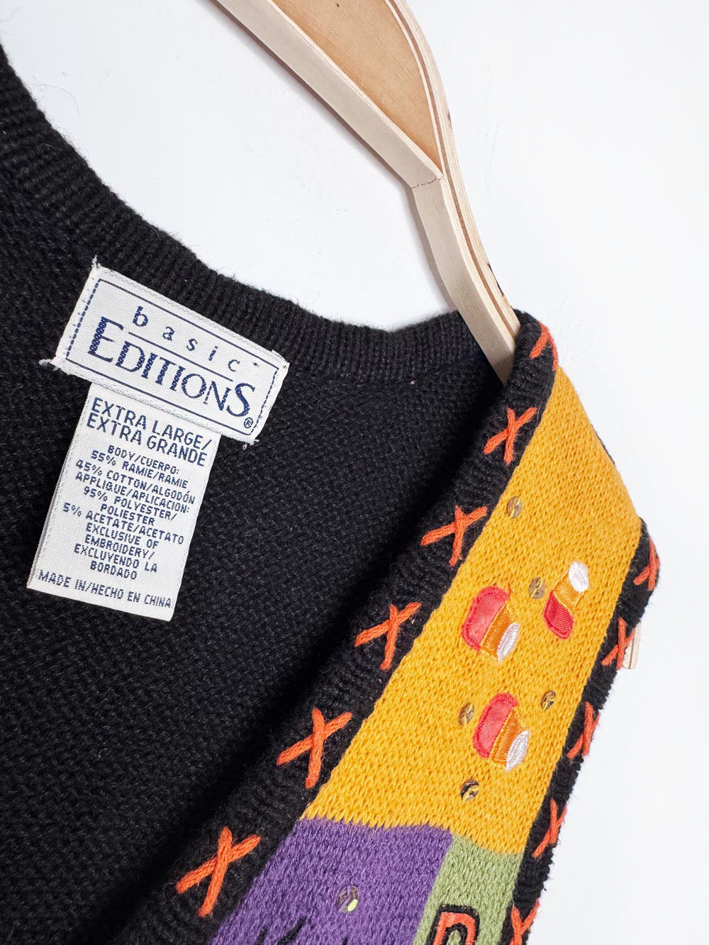 vintage 00s basic editions ramie-blend halloween patchwork knit vest