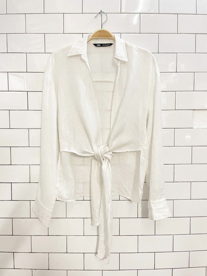 zara linen tie front step hem shirt - good market thrift store