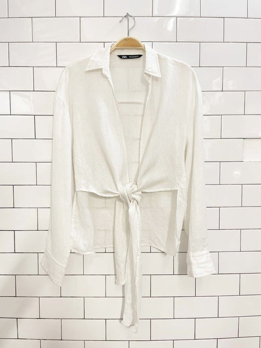 zara linen tie front step hem shirt - good market thrift store