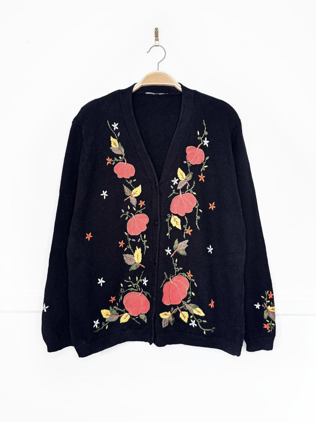 vintage ramie-blend embroidered pumpkins knit cardigan | halloween