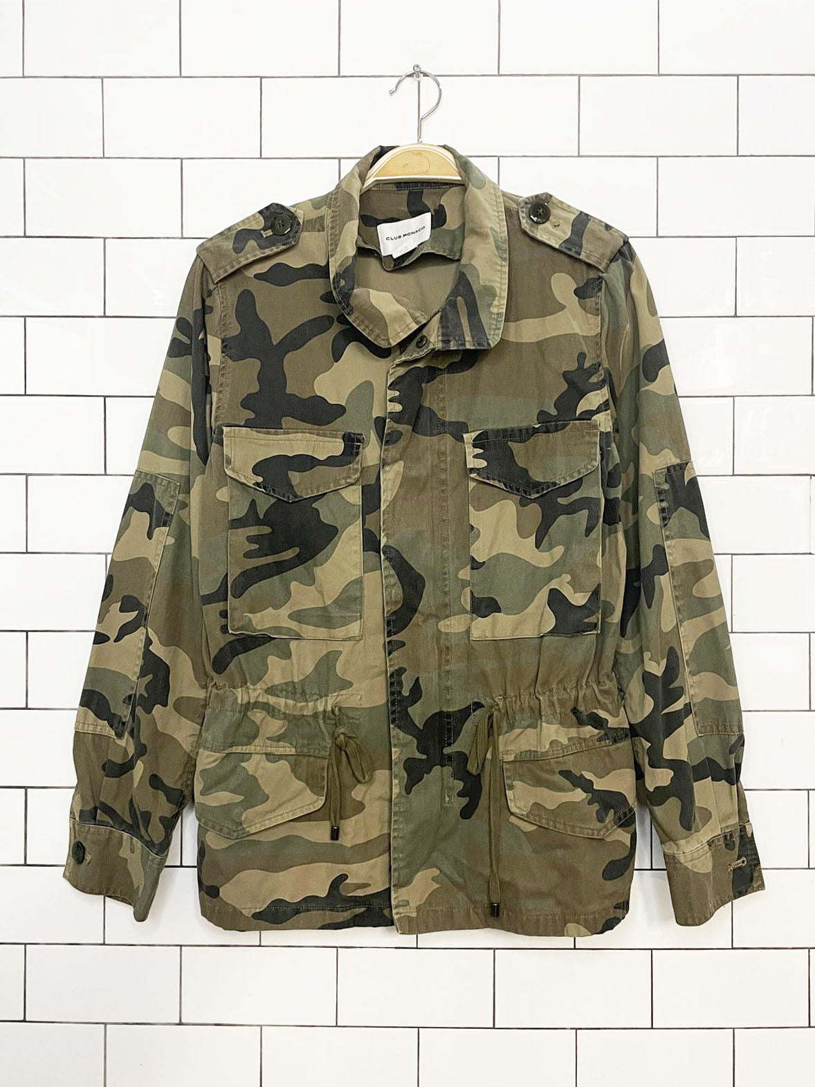 club monaco camo zip up cinch waist light utility jacket