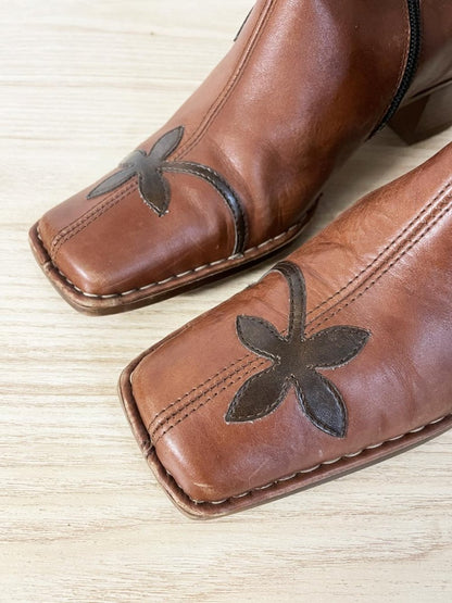 y2k reiker boho flower patch square toe leather boot - good market thrift store