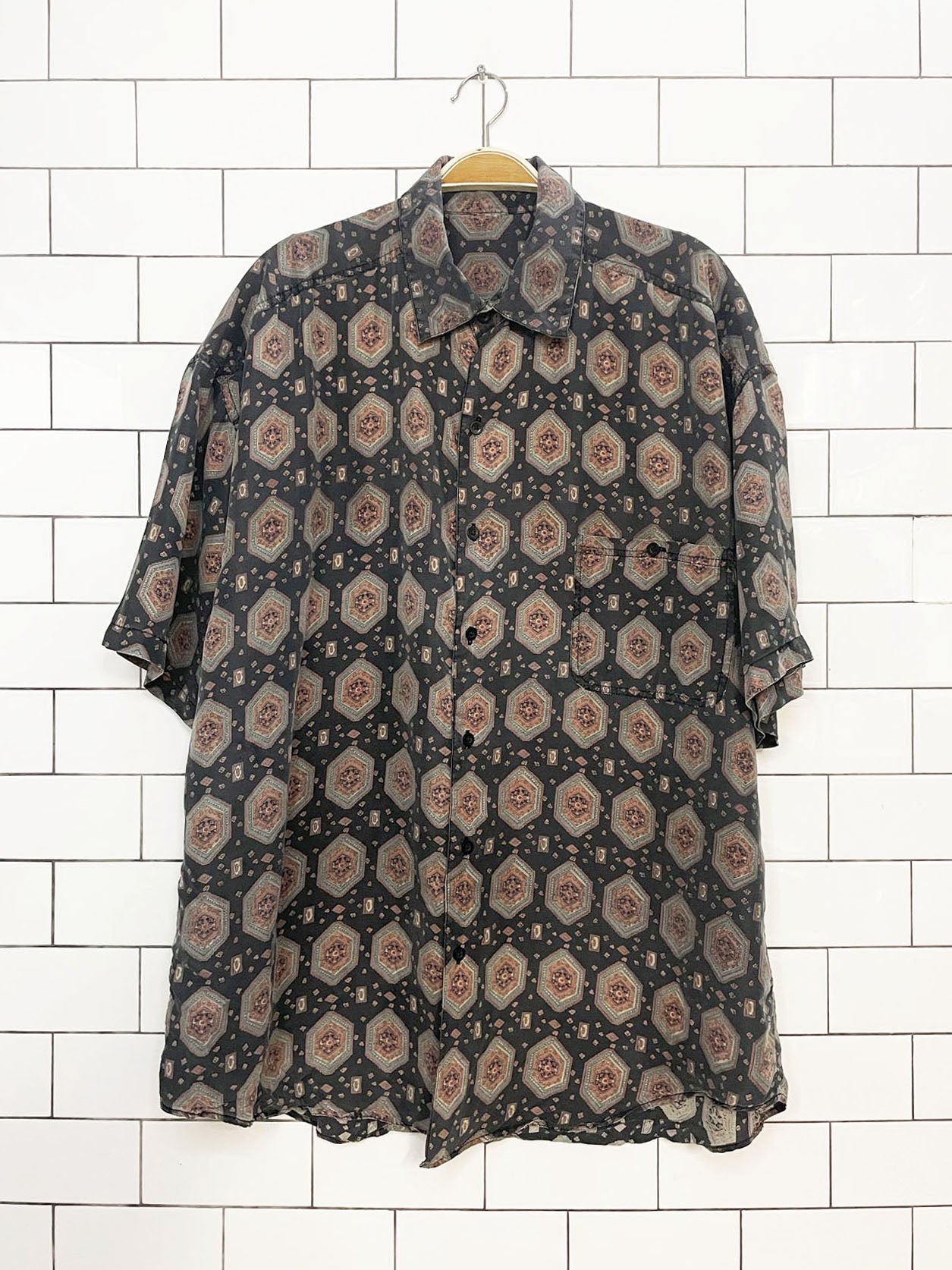 vintage 100% silk floral geometric full button shirt