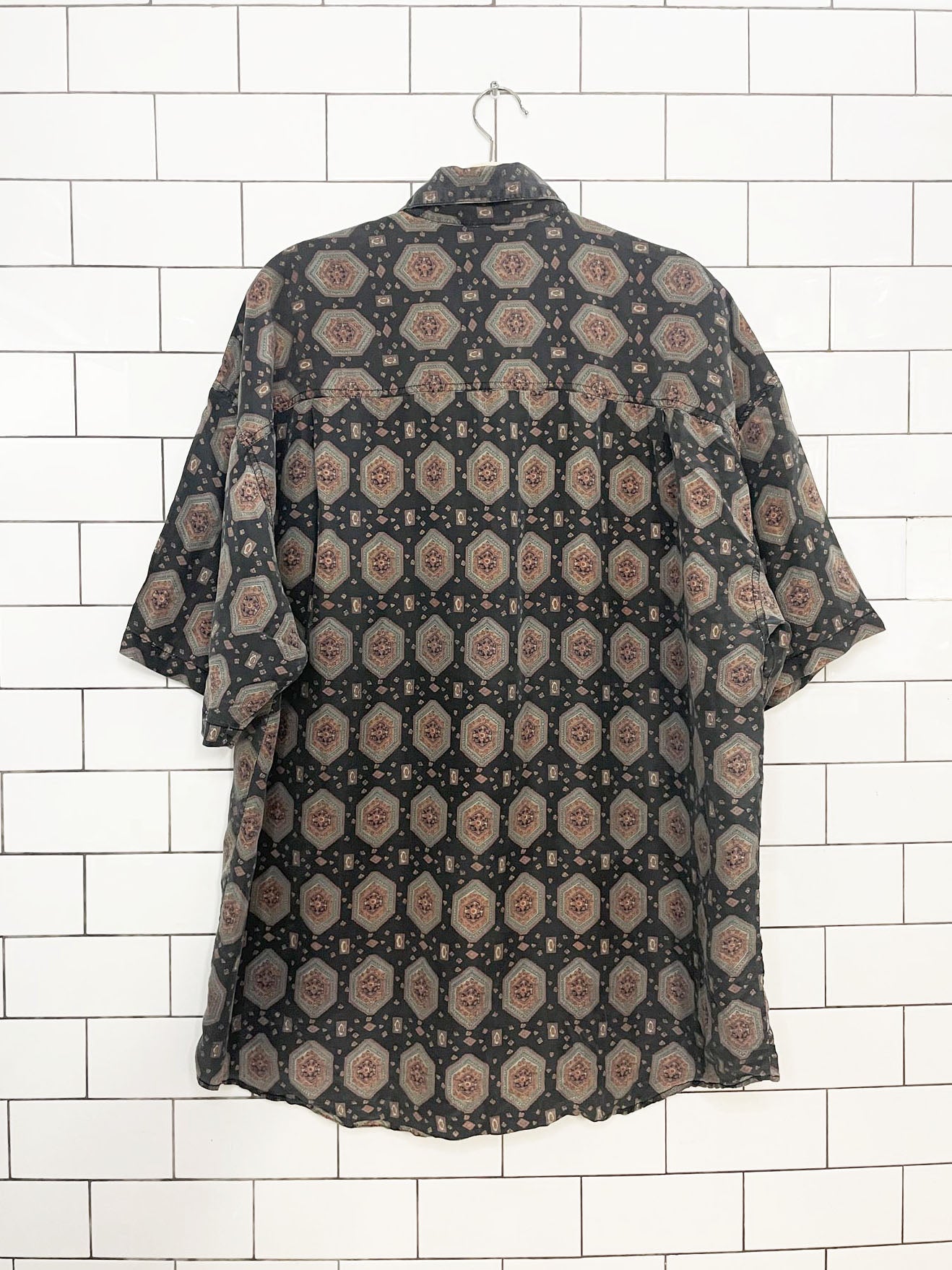 vintage 100% silk floral geometric full button shirt