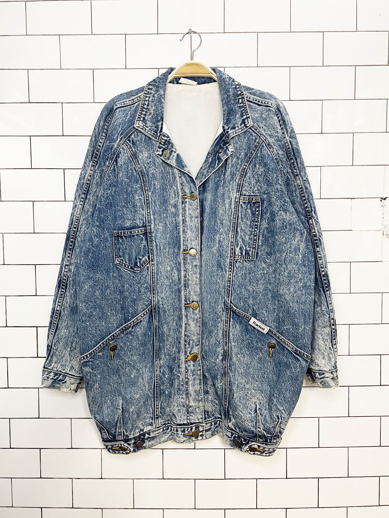 vintage 80s fioricci acid wash long denim jacket