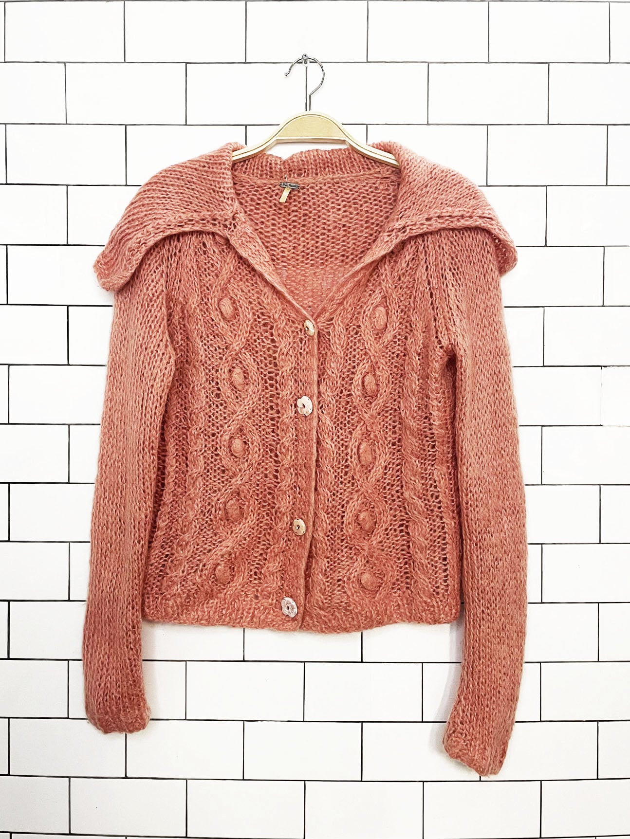 free people mohair-blend cable knit flower button cardigan