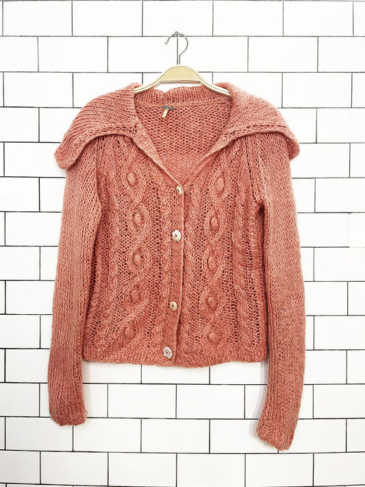 free people mohair-blend cable knit flower button cardigan