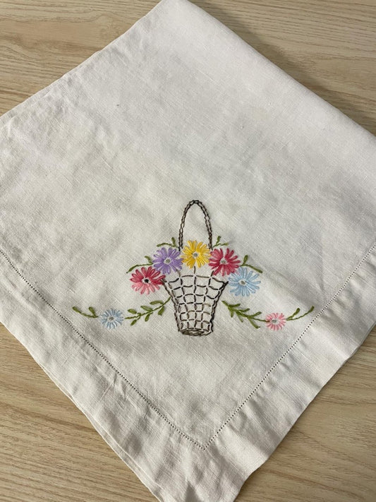 vintage embroidered flower basket linen table cloth - good market thrift store
