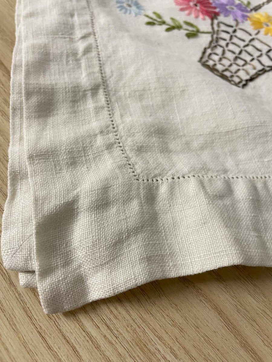 vintage embroidered flower basket linen table cloth - good market thrift store