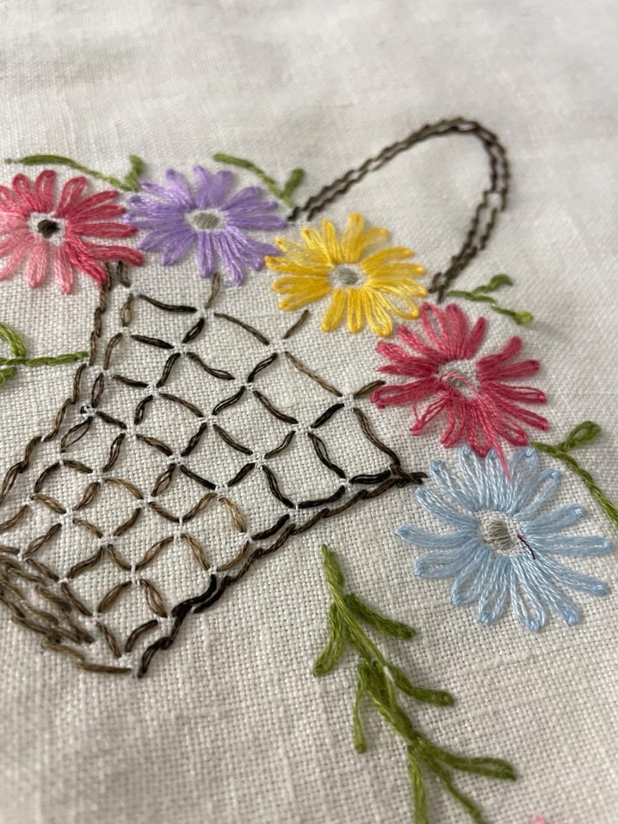 vintage embroidered flower basket linen table cloth - good market thrift store