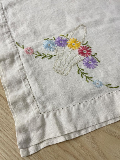 vintage embroidered flower basket linen table cloth - good market thrift store
