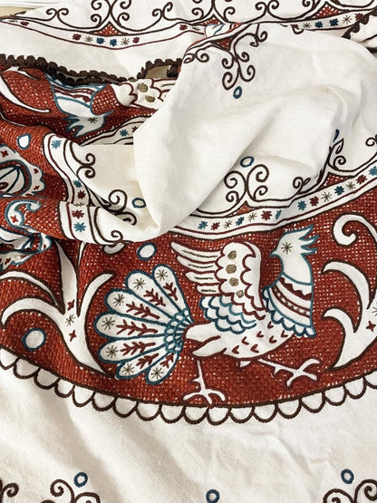 vintage boho embroidered round natural table cloth / park blanket - good market thrift store