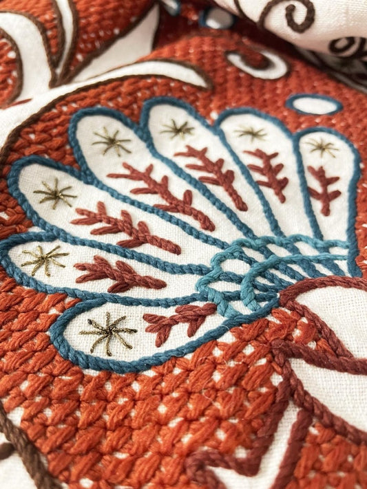 vintage boho embroidered round natural table cloth / park blanket - good market thrift store