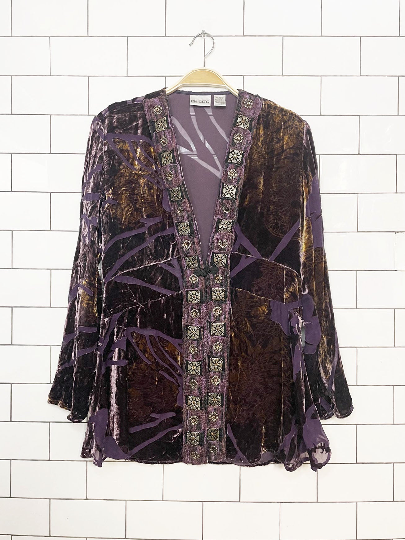 y2k chicos silk-blend sheer flocked velvet floral boho cardigan top