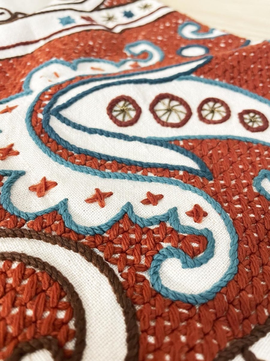 vintage boho embroidered round natural table cloth / park blanket - good market thrift store